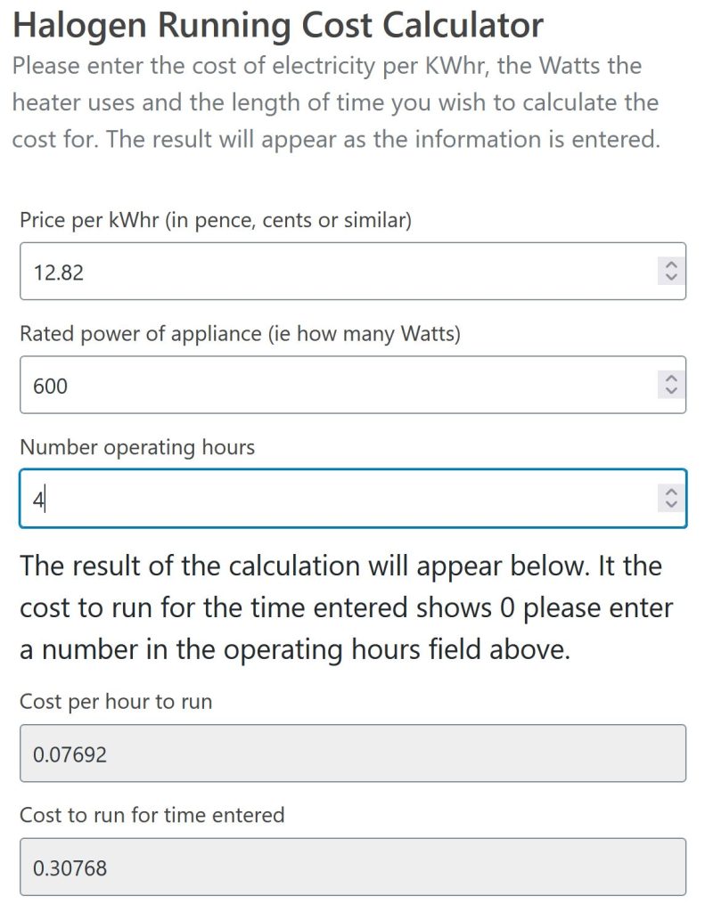 Halogen Heater and Hob Running Cost Calculator